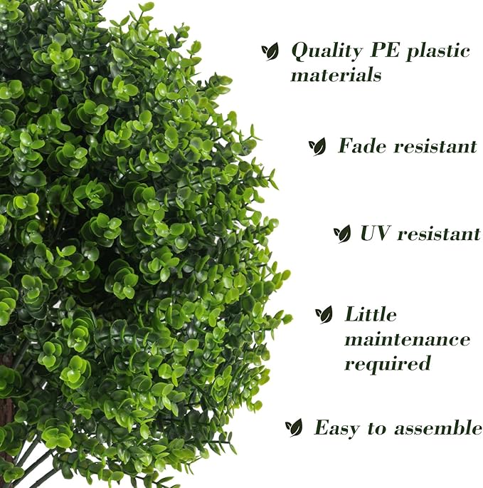Artificial Boxwood Topiary Outdoor Plants with Spike, 2 Pack Faux Bushes UV Resistant Fake Shrubs for Front Porch Décor