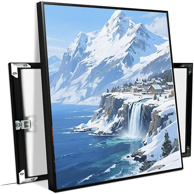 Winter lakeside town and snowy scenery merge together to form a landscape poster wall art suitable for living room bedroom and office