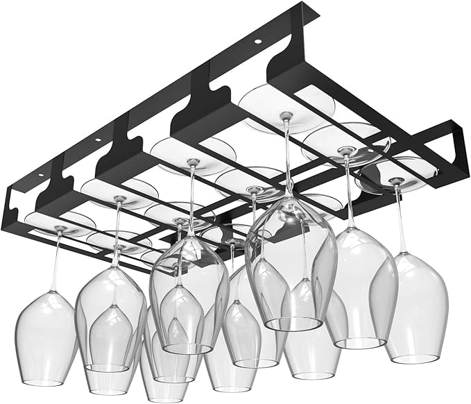 Wine Glass Rack - Under Cabinet Stemware Wine Glass Holder Glasses Storage Hanger Metal Hanging Organizer for Bar Kitchen 4 Rows Black
