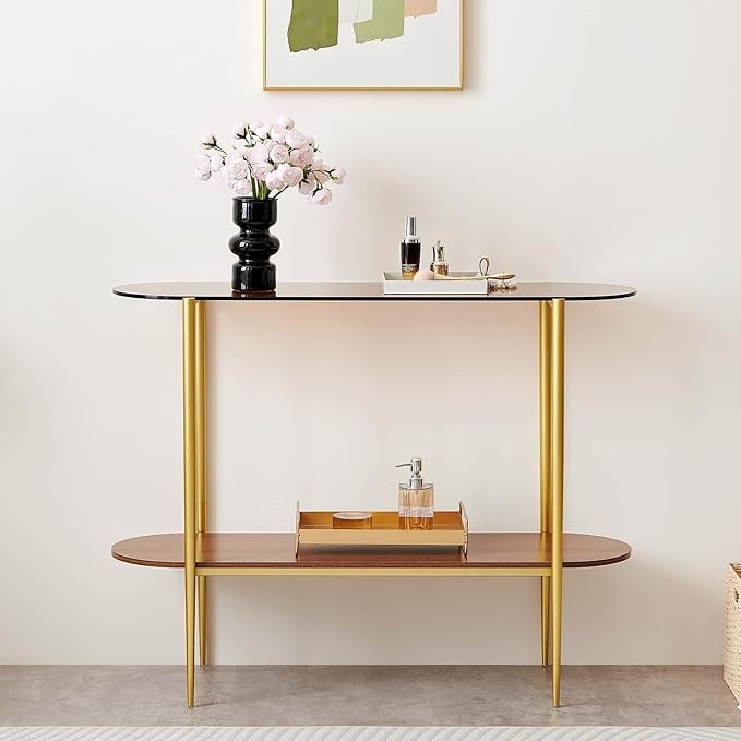 Oval Glass Console Table for Living Room, Foyer & Entrance, 2-Tiers Mid-Century Modern Sofa Table with Amber Glass Top, Walnut Finish Wood Top and Gold Finish Metal Frame