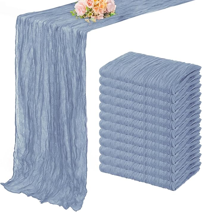 12 Pack Dusty Blue 10FT Cheesecloth Table Runner Rustic Gauze Fabric Cheese Cloth Table Runner for Wedding Bridal Baby Shower Table Decor 20 x 120 Inch Long Boho Sheer Birthday Party Table Decorations
