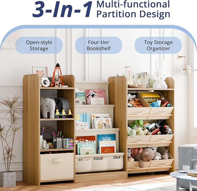 Kids Toy Book Storage Organizer - Large Bookshelf with 7 Removable Bins, Baby Bookshelf and Toy Storage, 4-Tier Book Shelf for Kids Room, Playroom, Classroom, 51 inch, Burlywood