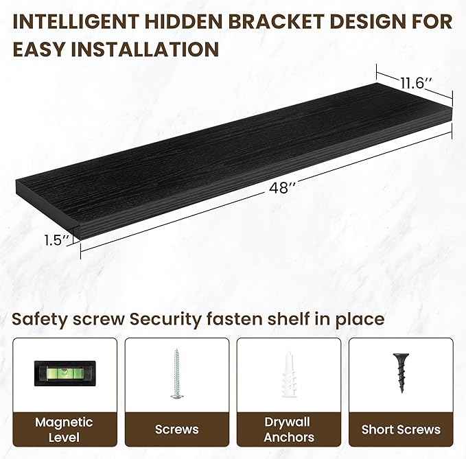 48 Inch Floating Shelves, 12 Inch Deep Floating Shelves for Wall, Floating Shelf with Invisible Brackets, Deep Shelves for Bathroom, Bedroom, Living Room, 1 Pack, Black