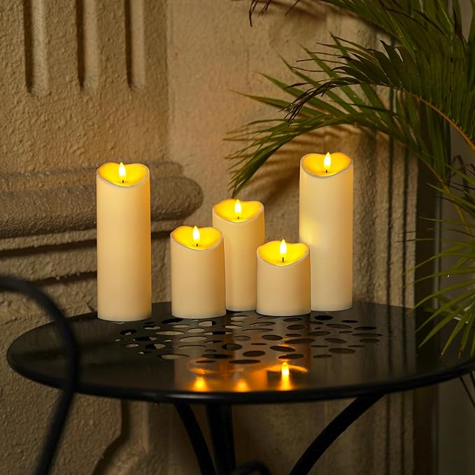 Homemory Outdoor Waterproof Flameless Candles, LED Candles, Battery Operated Candles with Remote and Timers, Electric Fake Plastic Pillar Candles, Dark Ivory, D3 H4 5" 6" 8" 8", Set of 5