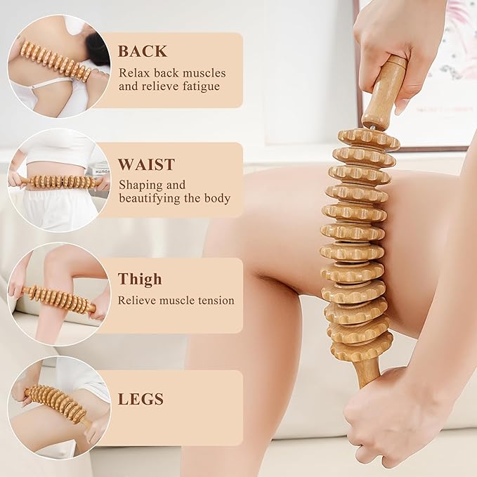 Wood Massage Roller Wood Therapy Massage Tools Body Roller Cellulite Roller Fascia Blaster Wooden Massager for Lymphatic Drainage, Maderoterapia, Pain Relief(Curved)