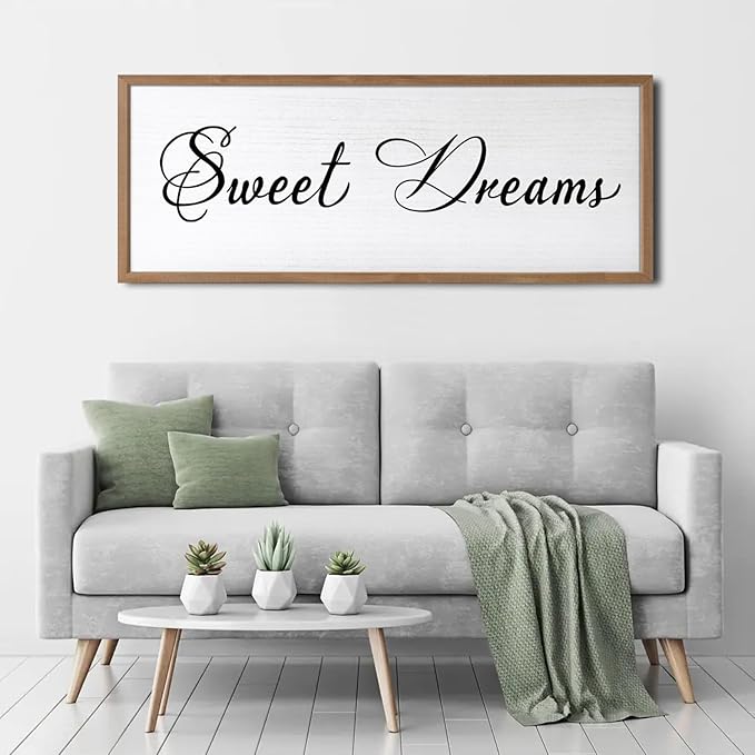 Sweet Dreams Wall Decor Above Bed 32x12 Inch Large Master Bedroom Hanging Wood Rustic Framed Farmhouse Sweet Dreams Sign Guest Room Aesthetic And Minimalist Over Bed Wall Art（Wood White）