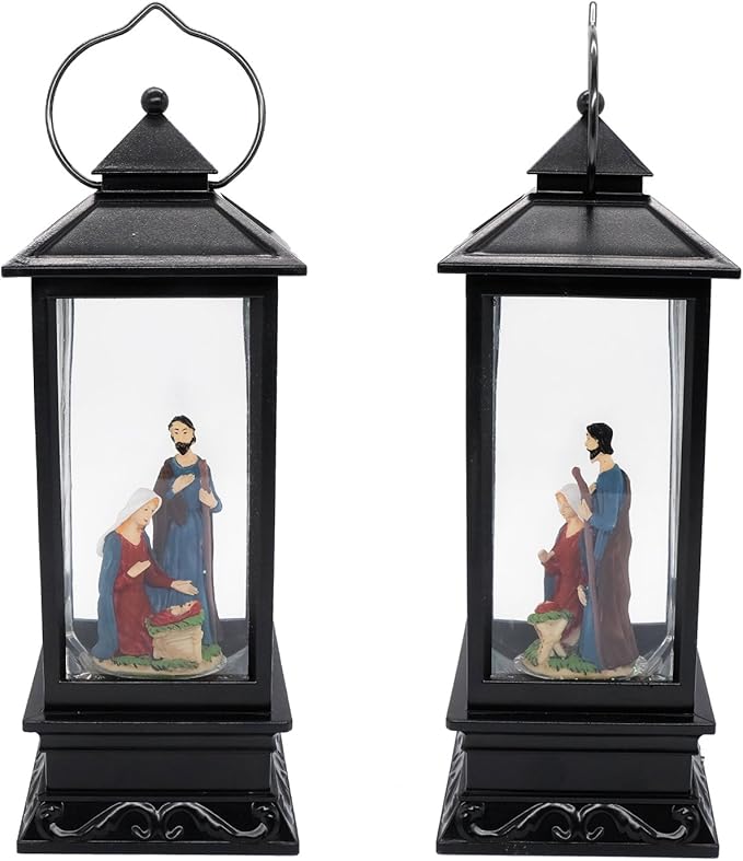 Eldnacele Musical Snow Globe Lantern Lighted Lamp USB Lined in Swirling Glitter Water Lantern Lamp Christmas Nativity Decoration Hurrican Light Timer 12" (Nativity)