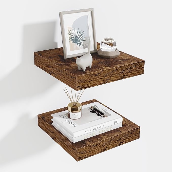 Fun Memories Floating Shelves for Wall - 10" x 10" Wood Shelf with Invisible Bracket - Deep Floating Shelves - 10 Inch Shelf Wall-Mounted for Living Room & Bathroom - Rustic Brown - Set of 2
