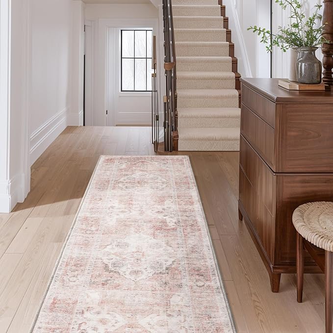 AMOAMI-2X6 Runner Rug-Washable Runners for Hallways-Soft Non Slip Bedside Rugs for Bedroom-Vintage Long Rug for Hallways Entryway Laundry Room Stair Kitchen Bathroom Pink