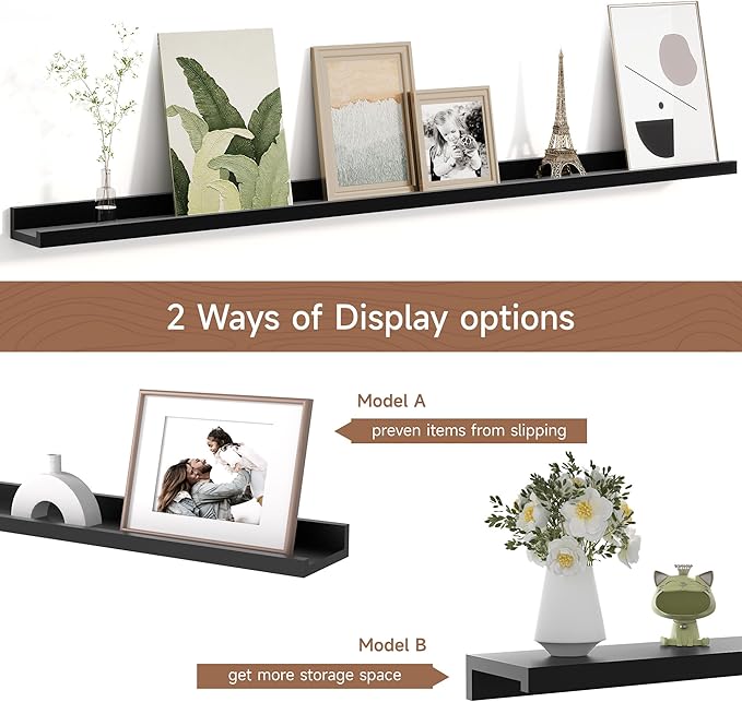 Picture Ledge Shelf for Wall, Floating Shelves Set of 4, 48 Inch Long Nursery Book Shelves for Toys Storage, Kids Bookshelf Wall Mounted for Books Photo Frames, Black