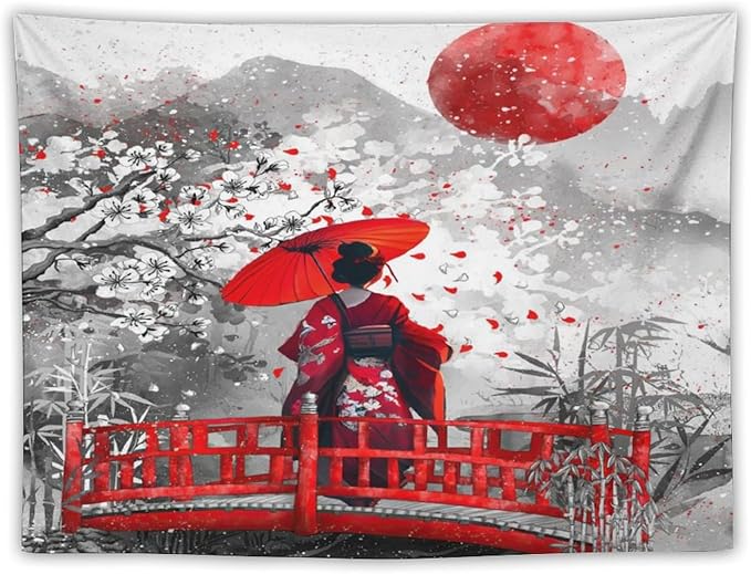 Japanese Red Geisha Tapestry Asian Cherry Blossom Red Sun Traditional Kimono Folk Tapestries Home Decor for Living Room Bedroom Apartment Farmhouse Dorm 80"x60"