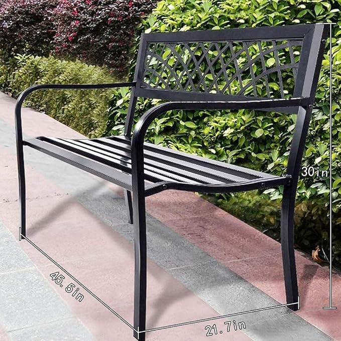 Garden Bench,Outdoor Benches,Iron Steel Frame Patio Bench with Mesh Pattern and Plastic Backrest Armrests for Lawn Yard Porch Work Entryway,Black