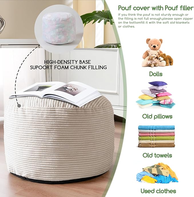 HIGOGOGO Round Stuffed Pouf Ottoman, Corduroy Poufs with Foam Chunk Filling, Furry and Fluffy Pouf Foot Stool Storage Ottoman, 20 X 15 Floor Poufs Foot Rest for Living Room, Beige