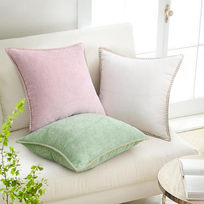 decorUhome Chenille Soft Throw Pillow Covers 22x22 Set of 2, Farmhouse Velvet Neutral Decorative Euro Pillow Covers with Stitched Edge for Couch Sofa Bed Home Decor, Sage Green