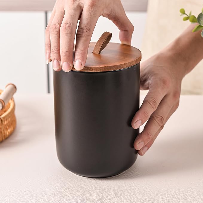 Black Ceramic Canister Set with Bamboo Lids, 3-Piece Airtight Food Storage Jars for Kitchen - Flour, Sugar, Coffee, Tea, Spice - Small, Medium, Large Sizes