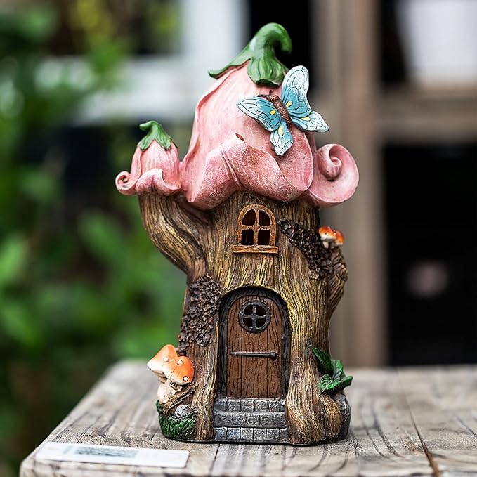 Fairy Garden Accessories Outdoor Statues, Mushroom House Decor,Large Gnome Solar Powered Lights Sculptures,Pink Resin Figurine Butterfly Figurines Lawn Ornaments for Patio Yard Decorations 11Inch
