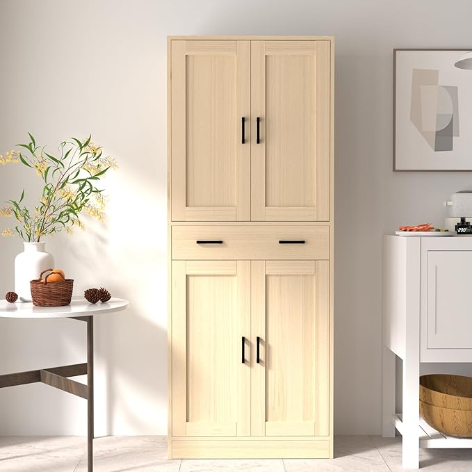 Oak Kitchen Pantry, 71" Tall Storage Cabinet with Doors and Drawer for Kitchen, Hallway, Office