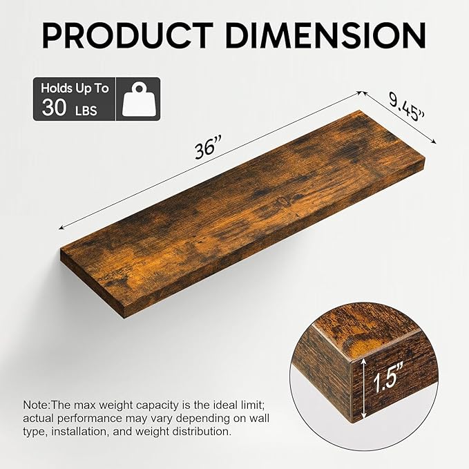 BAYKA Floating Shelves for Wall, 36 inches Wall Mounted Rustic Wood Shelves for Bathroom, Bedroom, Living Room, for Storage/Decor with 30lbs Capacity（Rustic Brown,Set of 3