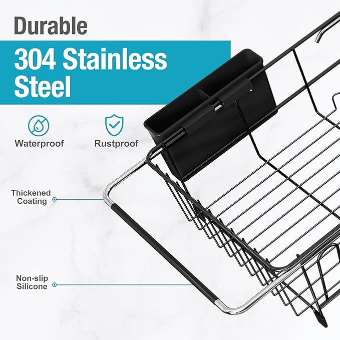 MAJALiS Dish Drying Rack in Sink - Small Dish Drainers for Kitchen Sink, Over The Sink Dish Racks with Utensil Holder, Stainless Steel Dish Rack in Sink, Black
