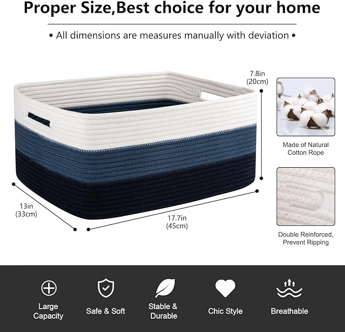 Large Storage Basket for Organizing, Woven Rope Basket for Shelves, Closet Organizer Bins for Clothes, Blanket, Toys, Baby Nursery Storage, 17.7" x 13" x 7.87", 2 Packs Gradient Blue