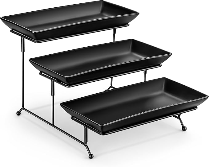 MALACASA 3 Tier Serving Trays for Party, Stoneware Serving Platters and Trays, 12 Inch Tiered Tray Stand, Fruit Tray, Trays for Serving Food, Black Dessert Stand with Collapsible Sturdier Metal Rack
