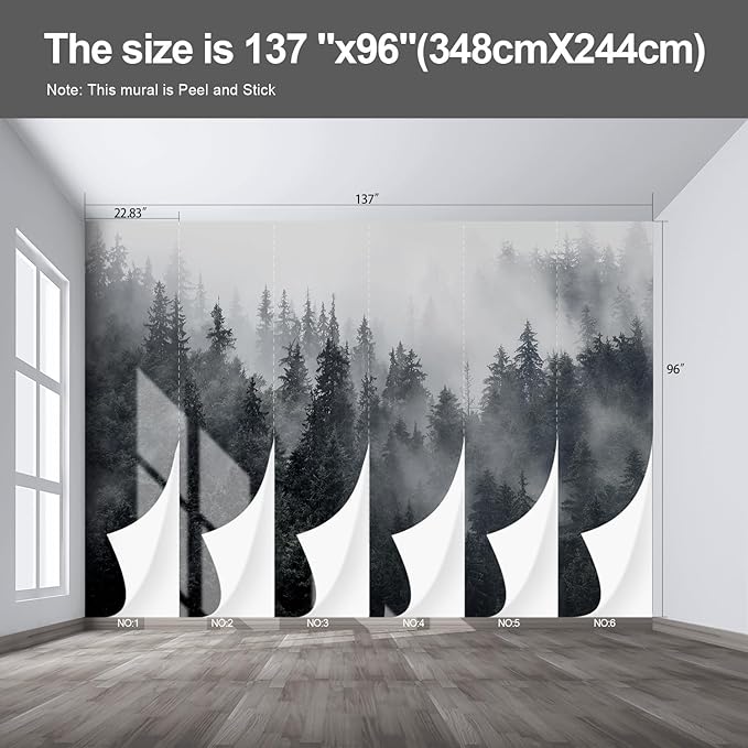 Misty Forest Landscape Wall murals Woodland Tree Peel and Stick Wallpaper for Bedroom Living Room - 96"x137"