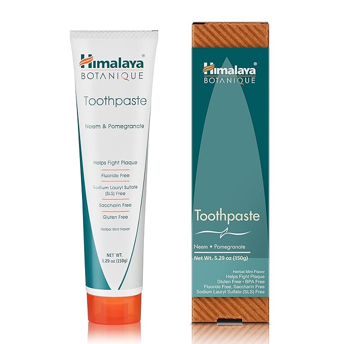 Himalaya Botanique Original Neem & Pomegranate Botanical Toothpaste, Fights Plaque, Brightens Teeth, Fluoride Free, No Artificial Flavors, SLS Free, Cruelty Free, Foaming, Mint Flavor, 5.29 Oz, 4 Pack
