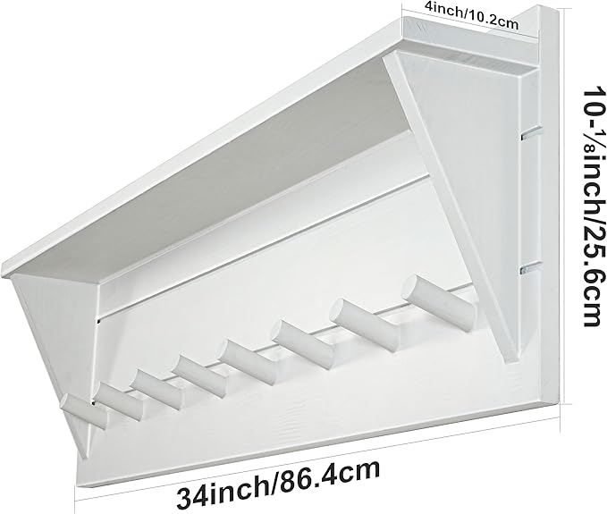 WEBI Coat Rack Wall Mount with Shelf,8 Peg Hooks,34" Long Entryway Wall Shelf with Hooks Underneath for Hanging Coats,Caps,Jacket,Clothes,White