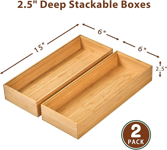 Umilife Bamboo Kitchen Drawer Organizer Boxes with Anti-Skid Silicone Feet, 2pcs Stackable Storage Bins for Kitchen Utensils & Silverware & Desk Drawer & Makeup, Tools Holder, 15”L x 6”W x 2.5”D Each
