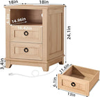 18" Farmhouse Night Stand with Charging Station, 2 Drawers Bedside End Table, Natural Wooden Nightstand, Bed Side Table Cabinet with Open Shelf for Bedroom Living Room Office