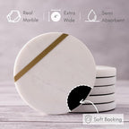 Cork & Mill Marble Coasters Set of 6 - Luxury Aesthetic Modern Decor for Coffee Table- White Marble with Gold Brass Inlay - Real Natural Semi Absorbent Stone Coasters