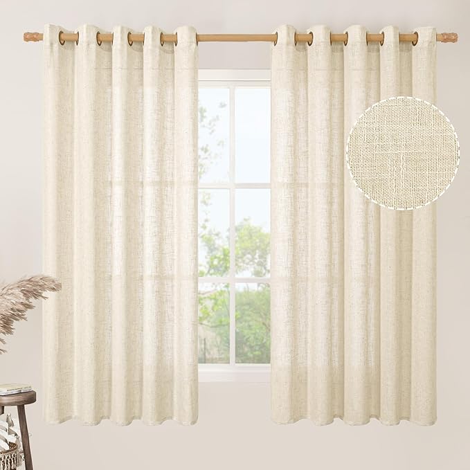 LAMIT Linen Curtains 63 inch Long for Living Room, Linen Light Filtering Boho Semi Sheer Window Textured Modern Drapes with Bronze Grommet for Bedroom, 2 Panels Set, 60 x 63 Inch, Beige