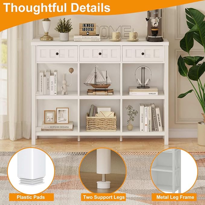 FATORRI 6 Cube Storage Bookshelf with 3 Drawers, Long Horizontal Bookcase, Modern Cubby Organizer Shelf (White Oak, 47 Inch)