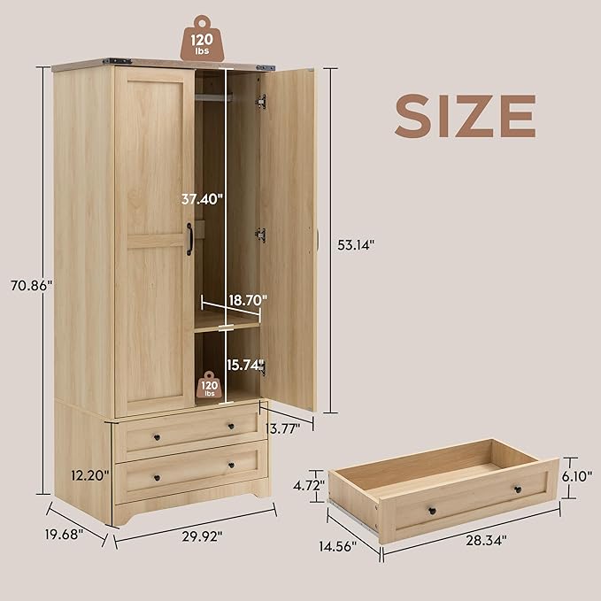 Brafab Armoire Wardrobe Closet with 2 Modern Doors Set of 2, 71" Tall Freestanding Closet Wardrobe Cabinet with Drawers and Hanging Rail, Wooden Storage Cabinet with Shelve for Bedroom,Natural
