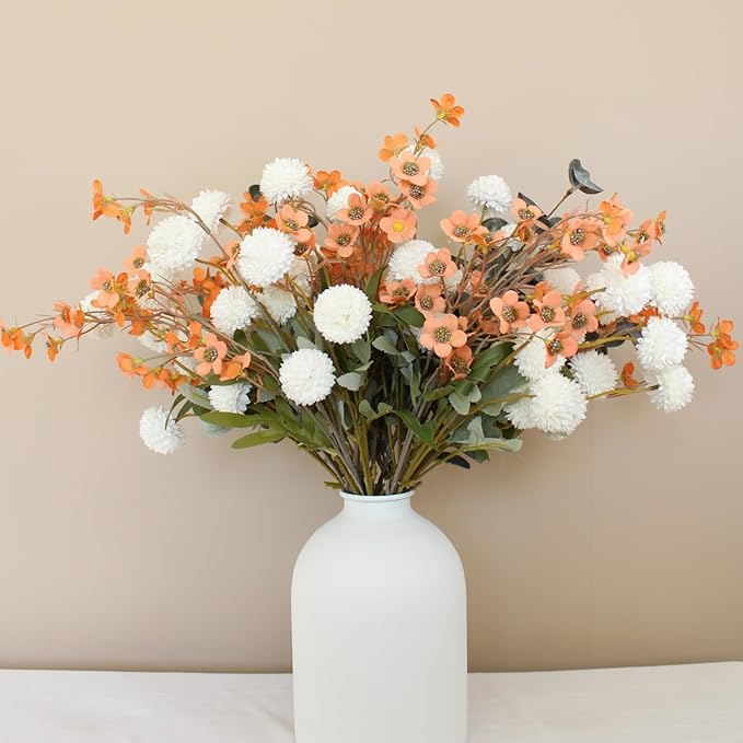 RyddeligHome Artificial White Kiku & Orange Wax Flowers, Bulk Silk Flowers with Long Stems for Vases, Spring Floral Stems Arrangements for Home Decor, Centerpieces for Tables, Rustic Decorations