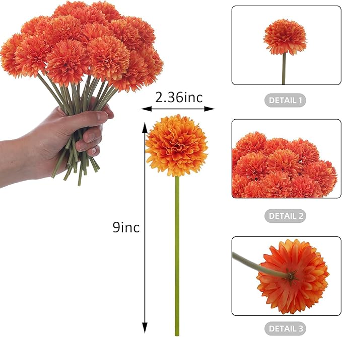 Kimura's Cabin 20Pcs Orange Fake Mums Flowers Artificial Silk Chrysanthemums Faux Ball Flower for Wedding Arrangement Fall Bouquets Home Table Decoration Halloween Decor(Orange)