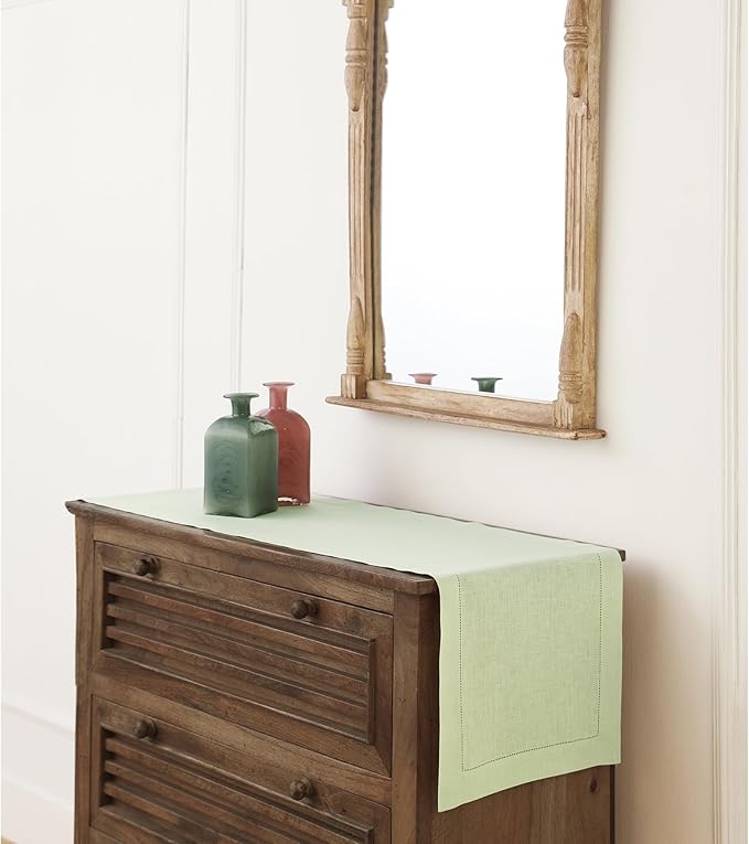 Solino Home Linen Sage Green Table Runner 72 Inches Long - 100% Pure Linen Hemstitch Table Runner 14 x 72 Inch for Dresser, Dining, Fall, Autumn, Halloween, Thanksgiving - Classic Hemstitch