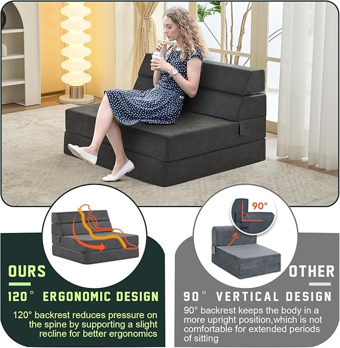 jela Foldable Sofa Bed Soft Foam Convertible Sleeper Chair Luxury Miss Fabric Fold Out Chair Bed Floor Couch with Back Support Floor Sofa for Living Room Bedroom (Twin,Dark Gray)