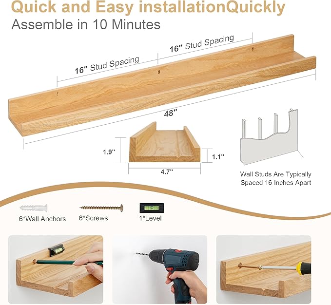 Floating Picture Ledge Shelves 48 Inch Solid Oak Wood Set of 2, Rustic Wall Storage Shelves with Lip, Kids Bookshelf, Photo & Picture Ledge Shelves for Bedroom, Living Room, Kitchen