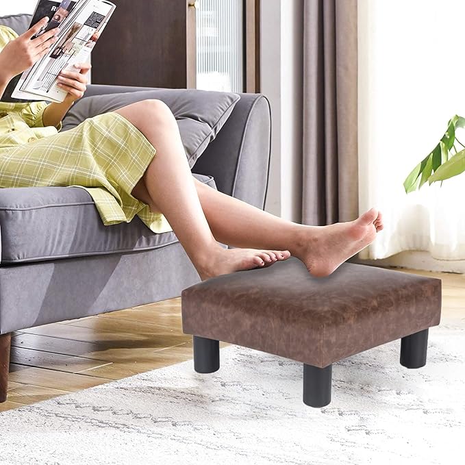 Joveco Small Footstool Ottoman Upholstered PU Leather Square Footrest Ottomans Small Foot Rest for Desk Couch Living Room Bedroom Office (Brown)