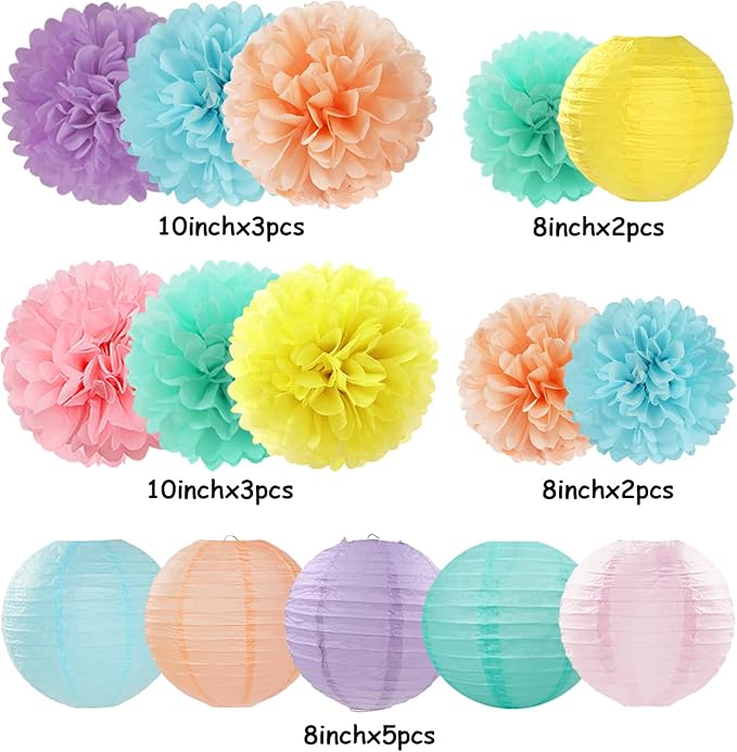 Pastel Rainbow Colorful Party-Decorations Paper Flowers Lanterns - 15PCS Birthday Classroom Baby Shower Tissue Pom Poms Streamers, Macaron Carnival Theme Hanging Supplies Decor Hugfond