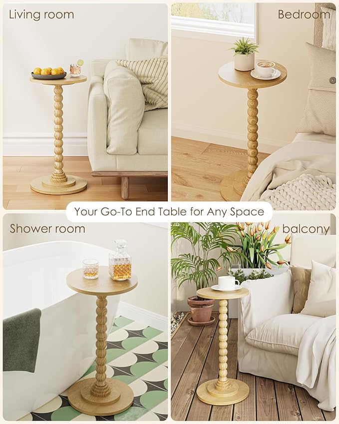 Masupu Round Side Table, Small End Table for Small Spaces, Pedestal Drink Table with Solid Wood Leg for Living Room, Bedroom, Corners(Natural)