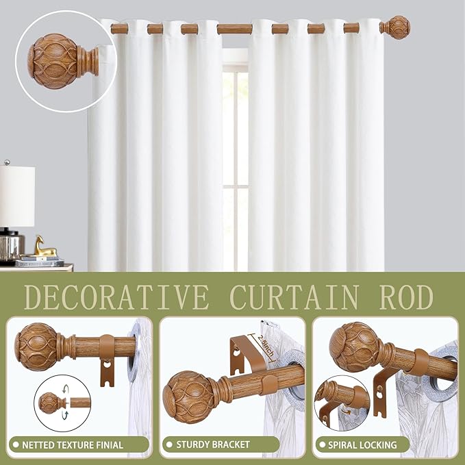 Wood Curtain Rods for Windows 66 to 120 Inch(5.5-10ft),1 Inch Adjustable Curtain Rod,Heavy Duty Curtain Rods,Wooden Netted Texture Drapery Rods,Single Window Curtain Rod 66-120",Brown Wood