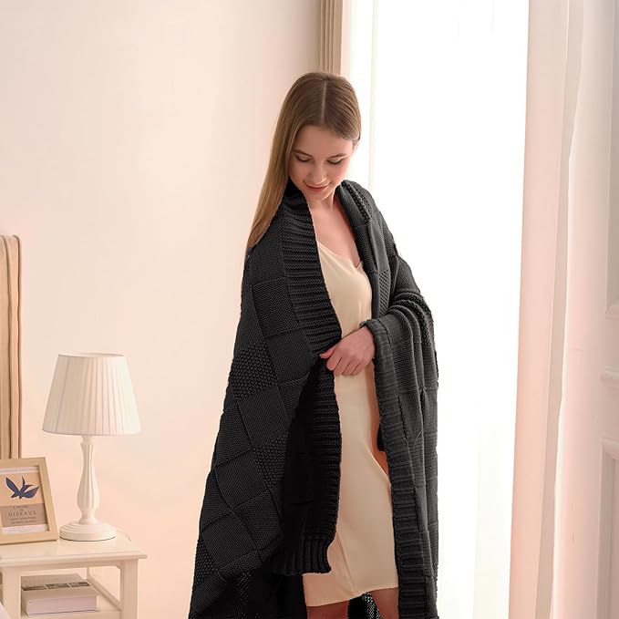 CozeCube Check Knit Throw Blanket, Jet Black Checkered Throw for Couch, Decorative Christmas Soft Cozy Warm Knitted Blanket for Bed Sofa Living Room, 60"X80"