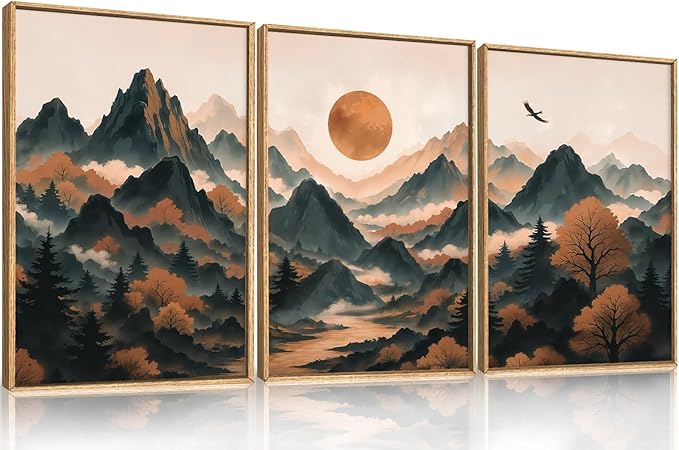Celestdeco Large Boho Mountain Framed Canvas Wall Art Set, Brown Ridge Landscape Wall Decor, Pine Tree Scenery Wall Painting, Abstract Wilderness Art Print for Living Room, Bedroom, Office - 24"X36"X3
