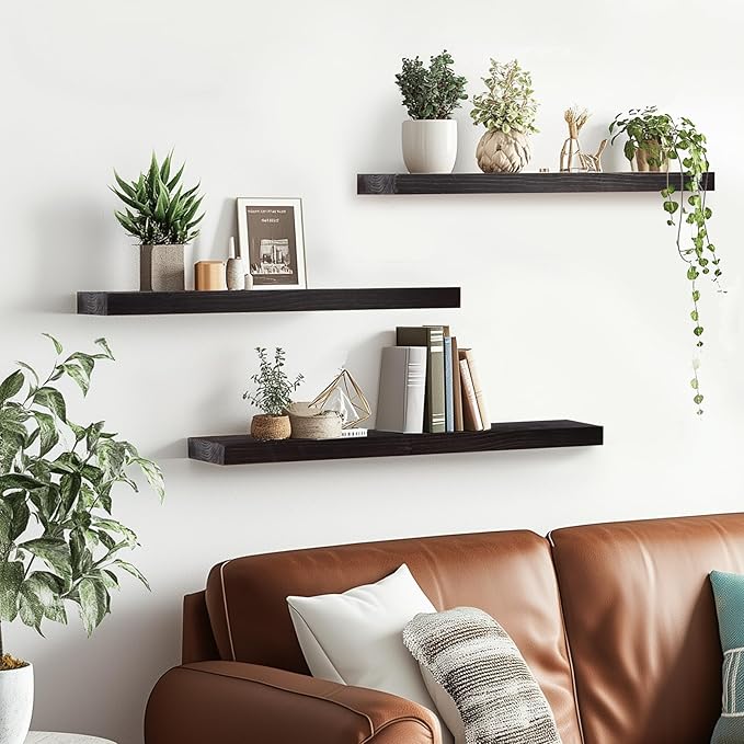 Floating Wall Shelves 3-Pack - 24-Inch Rustic Black Wooden Shelves for Storage and Décor, Easy Installation for Living Room, Bedroom, and Kitchen