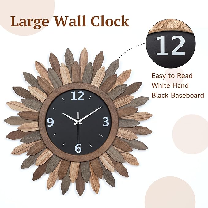 Honiway 14 Inch Wall Clock, Rustic Wood Boho Sunburst Decorative Wall Clocks Battery Operated Silent Non Ticking Farmhouse Small Wall Clocks for Living Room Kitchen Bedroom Home Decor (Tricolor)