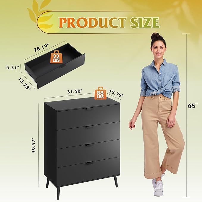 WLIVE 4 Drawer Dresser for Bedroom, Tall Wood Dresser, Modern Black Dressers with Sturdy Metal Handle, Small Chest of Drawers for Living Room, Hallway