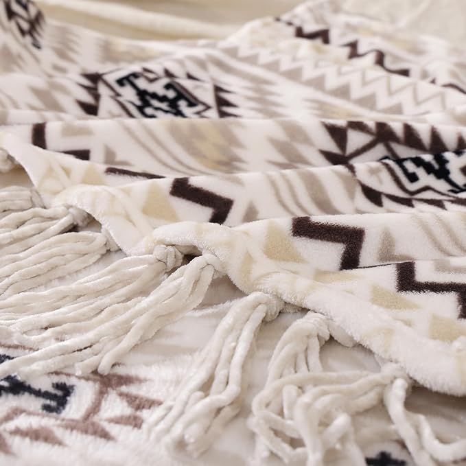 CASAAGUSTO Boho Throw Blanket - Beige and Gray Decorative Blankets with Tassel, Printed Flannel Bohemian Blanket for Chair, Bed, Sofa, Couch(60 * 80, Beige and Gray)
