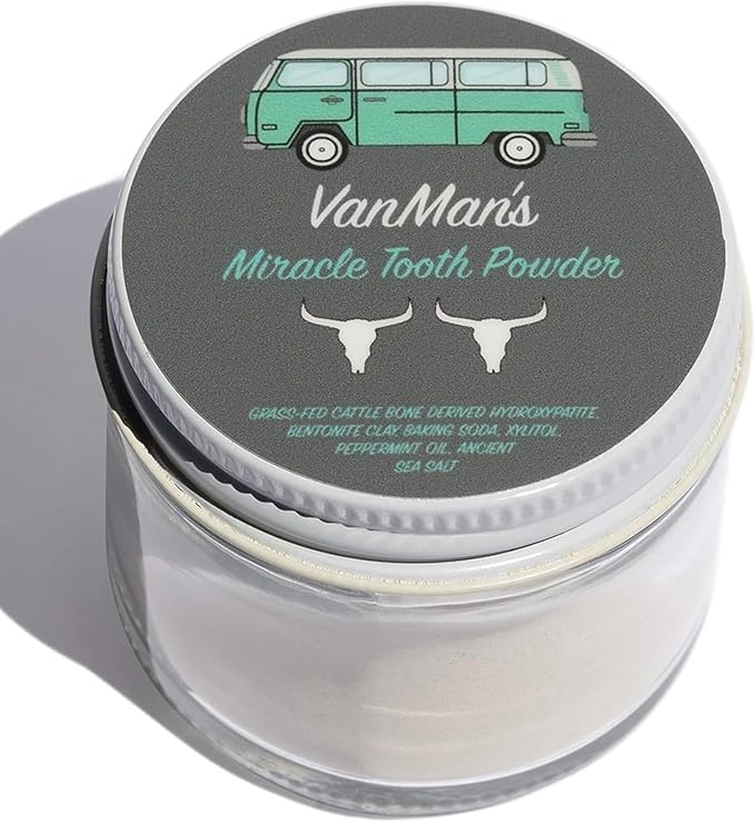 Vanman’s - Mint and Bone Tooth Powder Toothpaste - Remineralizing Tooth Powder with Cattle Bone Derived Hydroxyapatite, Bentonite Clay, Peppermint Oil and Baking Soda - 2.2 oz